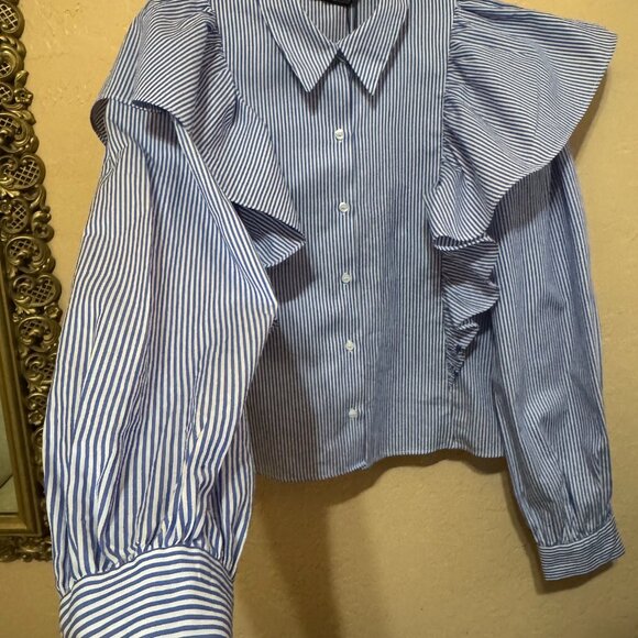 New With Tags Zara Ruffle button down long sleeve in blue with white stripes - Picture 8 of 16